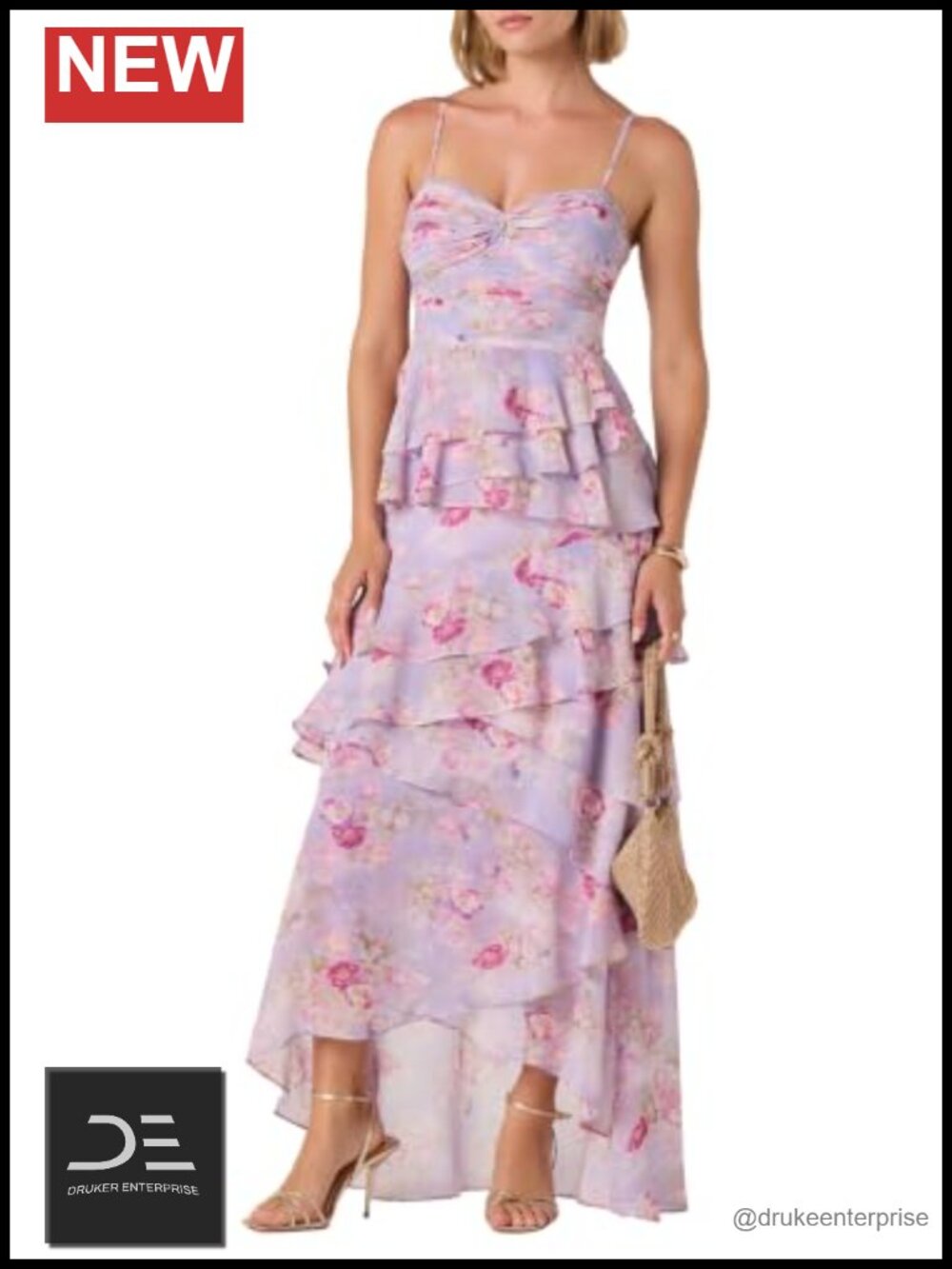 Women's Lilac Floral Maxi Dress Twist Front Ruffle Hem